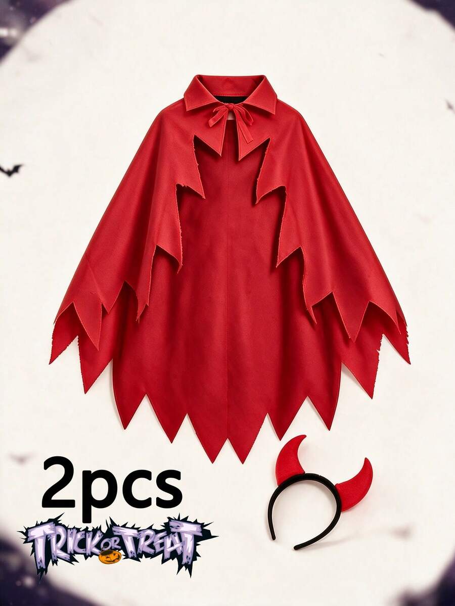 Children's Halloween Devil Cape Set, Red Little Devil Cloak + Horn Headband, Cos Stage Costume - Multicolor - View 1