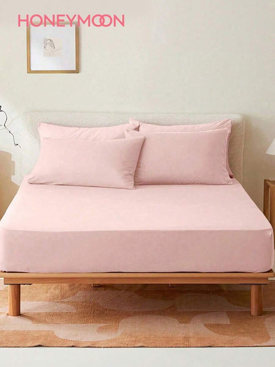 HONEYMOON 1pc Soft Comfortable Solid Color Fitted Sheet, Bed Cover Protector, Lightweight Breathable, 14 Inch/35cm Deep Pocket - Hypoallergenic, Machine Washable, Fits All Bed Sizes, Suitable For Dorms And Guest Rooms (Pillowcase Not Included), Back To School Dorm Essential, Bedding, Light Pink - Baby Pink - View 1