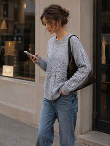 Women's Cozy Knit Bow Detail Sweater Soft Gray Long Sleeve Pullover For Fall Daily Wear - Grey - View 4