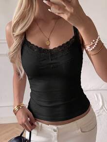 SCARLUX Summer & Autumn Y2K Women's Basic Lace Patchwork V-Neck Camisole, Slim Fit, Suitable For Back To School Season Casual Daily Wear Black - Black - View 5