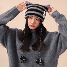 Yabby Style Handmade Cute Five-Star Cat Ear Striped Knitted Protective Headwear Women Ear Protection Windproof Woolen Hat - A - View 10
