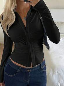 ATTRACO Slim Fit Collared Button Long Sleeve Shirt Blouse, Women's Y2K Black Button Shirt, Autumn Outing Top, Halloween, Concert And Back To School Season Outfit - Black - View 3
