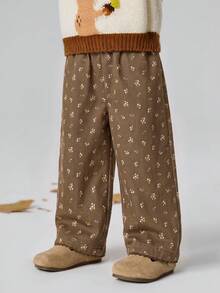 mini bala Cute New Autumn Young Girl Wide Leg Pants Soft Floral Print With Sweet Lace Trim Bottoms - Brown Tone - View 2