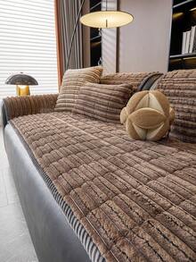 1pc Thickened Plush Striped Sofa Cushion, Machine Washable & Hand Washable, Scratch-Resistant, Pet-Friendly, Soft & Delicate Texture, Furniture Protector Cover For Living Room & Bedroom, Suitable For 1-Seater, 2-Seater, 3-Seater, 4-Seater Sofas - Brown - View 6