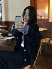 Women's Colorblock Single-Breasted Casual Versatile Daily Long Sleeve Jacket - Navy Blue - View 2