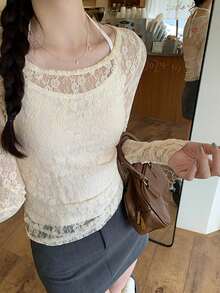 Set 2pcs/Set Atasan Tank Top dan Kaos Model Halter Berenda untuk Wanita - Aprikot - View 3