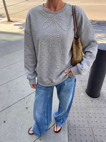 Women's Fashion Grey Hooded Pullover Sweatshirt With Wavy Trim And Drawstring - Grey - View 3