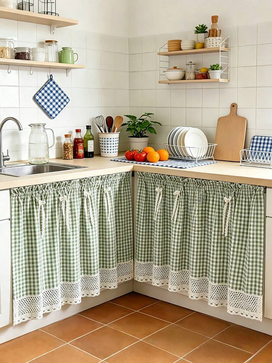 1 buah Tirai Pendek Motif Kotak-kotak Dua Warna Gaya Pedesaan Amerika, dengan Desain Patchwork Rajutan Terinspirasi Gaya Rumah Pertanian. Tirai Kecil untuk Jendela, Lemari, Pintu, Dapur, dan Dekorasi Rumah/Apartemen.