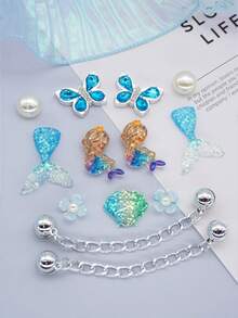 16pcs Ocean Mermaid Blue Diamond Hollow Shoe Charms, Butterfly Dolphin Shell Chain DIY Shoe Buckle Accessory Set - Blue - View 7