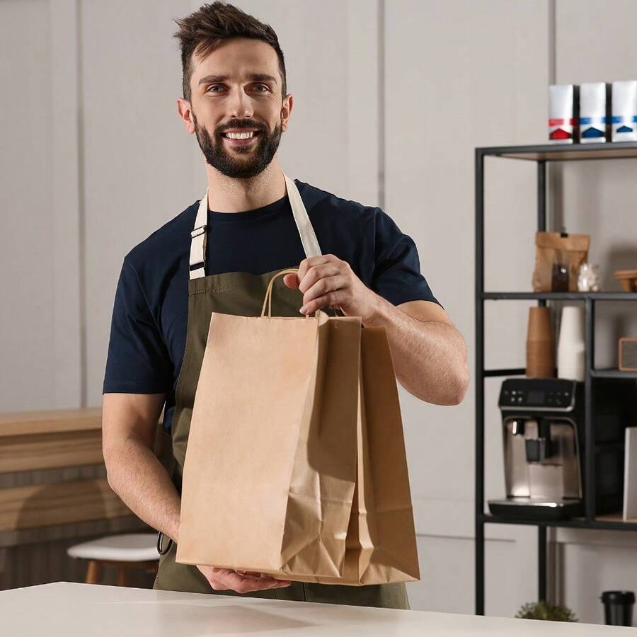 Halloween Christmas Gift 20/100pcs Small Kraft Paper Gift Bags With Handles, Kraft Paper Bags, Shopping Bags, Retail Bags, Gift Bags, Easy To Categorize, Convenient To Store, Suitable For Weddings, Party Gift Packaging - Vertical 15*8*21CM - View 1