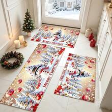 1pc Kitchen Floor Mat, Soft Faux Cashmere Material, Christmas Snowman & Christmas Tree Pattern, Non-Slip, Suitable For Kitchen, Bathroom, Entryway, Multi-Scene Use, Christmas Room Decor, Holiday Gift - Multicolor - View 1
