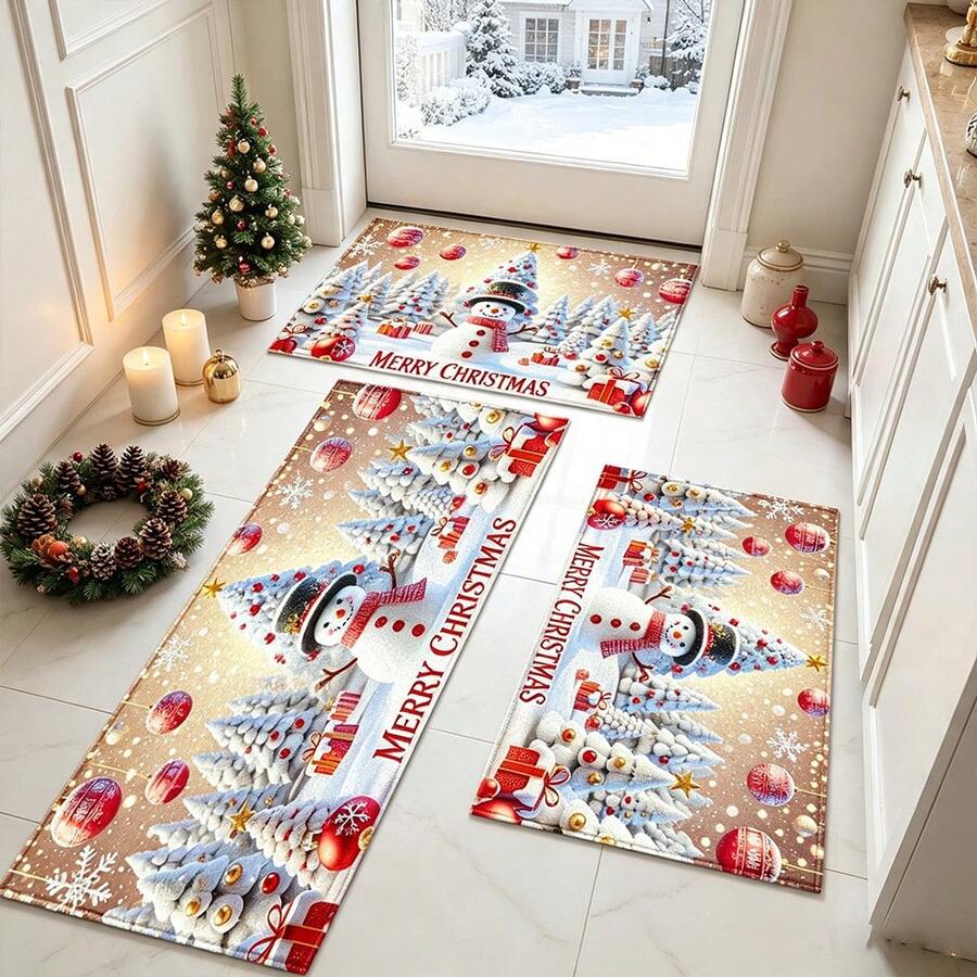 1pc Kitchen Floor Mat, Soft Faux Cashmere Material, Christmas Snowman & Christmas Tree Pattern, Non-Slip, Suitable For Kitchen, Bathroom, Entryway, Multi-Scene Use, Christmas Room Decor, Holiday Gift - Multicolor - View 1