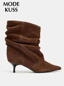 New Women's Autumn/Winter Popular Minimalist Fashion Ruched Stacked Pointed Toe Stiletto Heel Ankle Boots, Suitable For Daily Wear - Brown - View 7