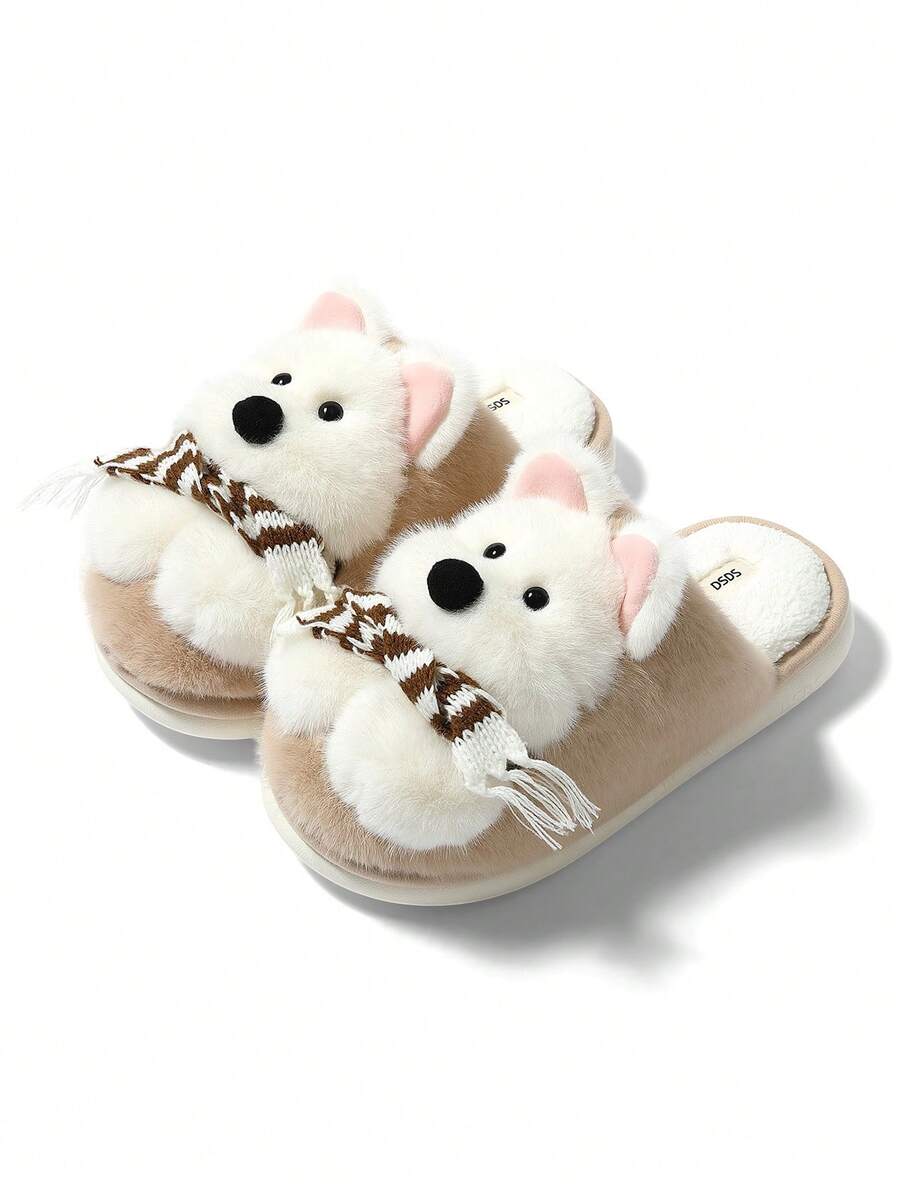 Cartoon Plush Slippers, Warm For Autumn/Winter, Unisex - Light Brown - View 1