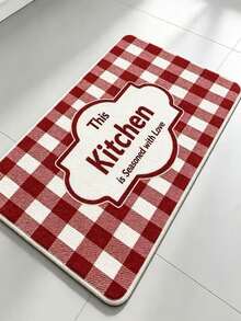 Red Buffalo Plaid Kitchen Mat, Printed With "This Kitchen Is Seasoned With Love" Letter Pattern, Non-Slip Washable Kitchen Rug Set, Farmhouse Style Sink Laundry Room Floor Carpet - Red and White Checkered Kitchen Slogan - View 4