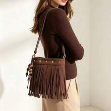 Women's Coffee Brown Exquisite Small Faux Suede Crossbody Bag, Tassel Style With Rivet Star Inlay, College Style Phone Bag, Suitable For Shopping - Coffee Brown - View 2