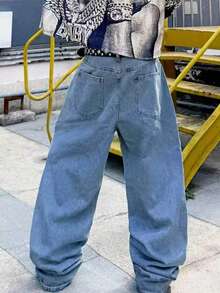 Men's Light Wash Wide Leg Loose Fit Jeans - Blue - View 3