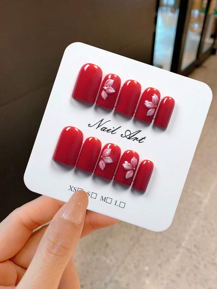 YINZIJIA 10 Pieces, Handmade, Wine Red Floral Gradient, Subtle Differences=Unique Handmade Short Square Pure Handmade Nail Board Set, Suitable For Daily Holiday Wear, Including 1 Nail File And 1 Piece Of Jelly Glue - Multicolor - View 1