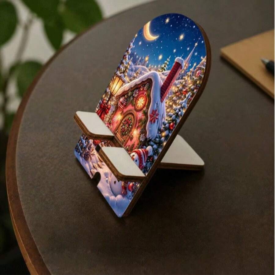Wooden Phone Stand/Tablet Stand/Adjustable Portable Stand, 2D Printed Christmas Cottage Snowman Night Scene Pattern, Independence Day Back To School Wedding Season Munich Beer Festival Gift, Slouchy Hands-Free Charging Convenient Desktop Decor - D - View 1