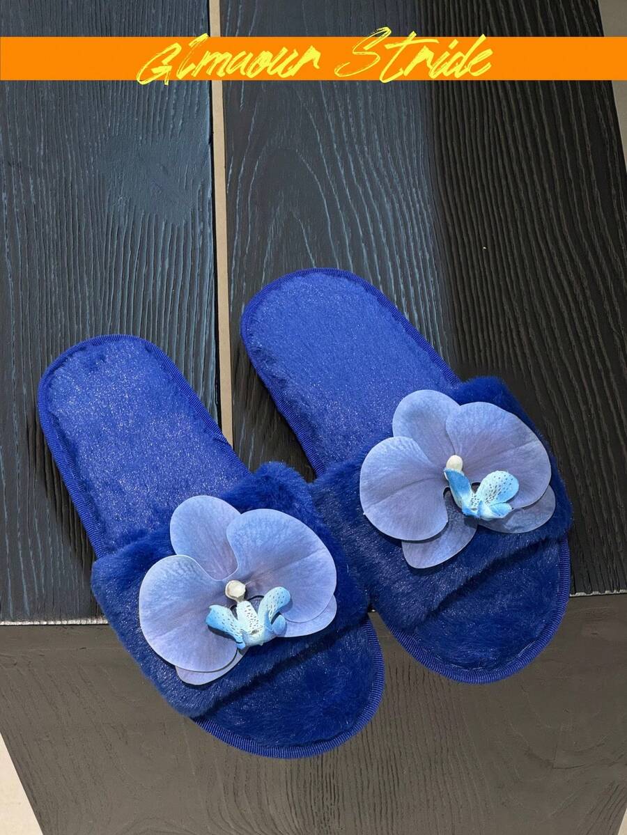 女款白色花朵裝飾毛茸茸臥室拖鞋,女士春秋款米色露趾毛絨花底室內居家拖鞋,優質TPR防滑耐磨鞋底,花卉裝飾 - 藍色 - 查看 1