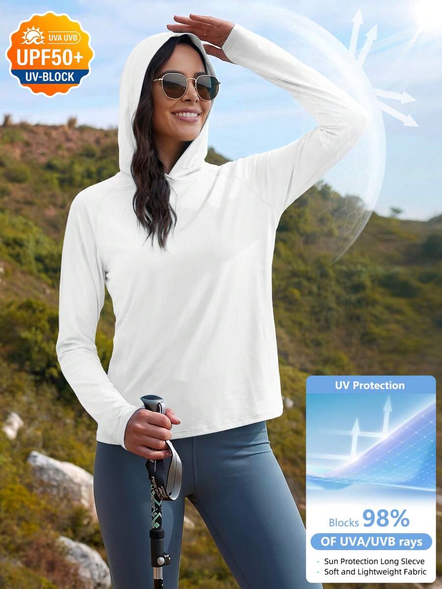 Women's UPF 50+ UV Protection Hooded Long Sleeve Shirt, Thumb Holes For Running, Exercise, Hiking, Performance Outdoor Sports White Spring Fall - White - View 1
