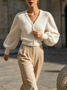 Women's Round Neck Solid Color Knit Cardigan - Long Sleeve, Single-Breasted - French Elegant Vintage Street Old Money Style Autumn/Winter White Fall - White - View 7