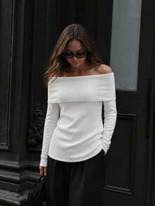 HoloChill Women's Young Influencer Casual Style White Off-Shoulder Knit Pullover, Long Sleeve Ribbed Knit Top, High Elastic Fabric, Casual Wear Pullover Fall Casual 2026 New Arrival Fall Sweater, Women's Elegant Outfit For Going Out, Back To School Homecoming Fall/Winter French - White - View 4