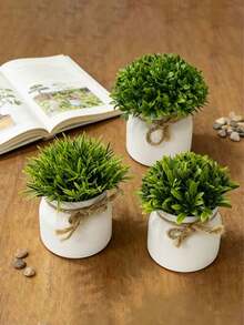 1/3Pcs Artificial Mini Potted Plants, Faux Small Greenery Bonsai, Fake Grass Shrub With White Plastic Pot, Realistic Desk Topiary Tiny Potted, Faux Green Bushes,Artificial Potted Plant For Shelf Window Sill Table Farmhouse Decor - Multicolor - View 4