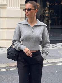 Women Lapel Collar Half Button Crop Sweater Drop Shoulder Long Sleeve Ribbed Hem Fitted Waist Knit Jumper Casual Streetwear Pullover - Grey - View 1