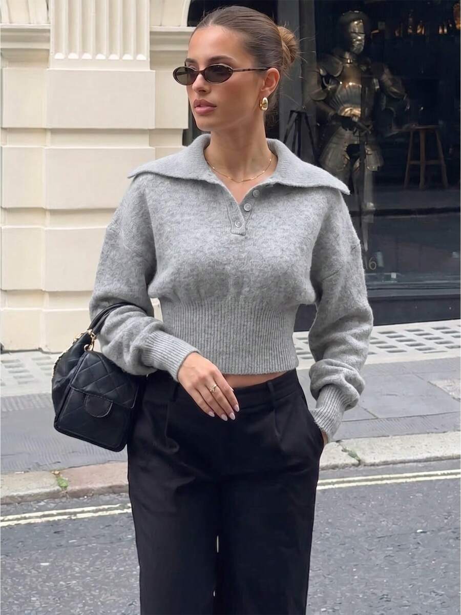 Women Lapel Collar Half Button Crop Sweater Drop Shoulder Long Sleeve Ribbed Hem Fitted Waist Knit Jumper Casual Streetwear Pullover - Grey - View 1