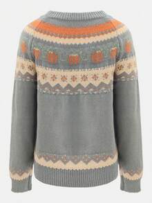 Pumpkin Fair Isle Knit Sweater, Round Neck Drop Shoulder Long Sleeve Vintage Loose Casual Women's Pullover, Halloween Autumn Holiday Party Outfit - Grey - View 8