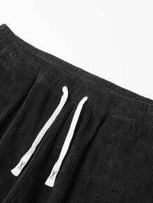 Men's Spring/Autumn Letter Print Drawstring Waist Pocket Loose Casual Corduroy Long Pants - Black - View 3