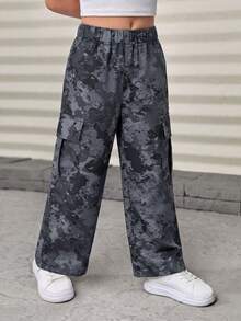 Girls' American Style Grey Camouflage Cargo Casual Wide Leg Pants, Street Dance Versatile Woven Long Pants - Black - View 5