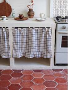 Farmhouse Ruffle Oven Skirt, Lace Tie Stove Skirt Curtain, Floral Gingham Grid Geometric Print Kitchen Oven Curtain For Christmas And Halloween Home Kitchen Decor - White - View 6