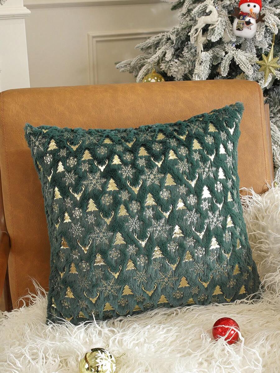 1pc Long Plush Gold Foil Snowflake Christmas Tree & Deer Pattern Pillowcase, Dense Edge Stitching, Suitable For Bedroom, Living Room, Sofa, Holiday Gift & Party Decoration & Multiple Style Options - Green - View 1