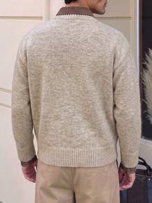 Men Autumn Winter Henley Collar Knit Sweater, Textured Relaxed Fit Pullover, Old Money Style For Daily Holiday Festival Wear - Apricot - View 2