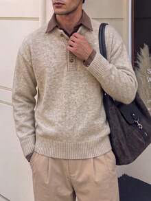 Men Autumn Winter Henley Collar Knit Sweater, Textured Relaxed Fit Pullover, Old Money Style For Daily Holiday Festival Wear - Apricot - View 3