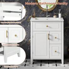 61 Cm Freestanding Vanity Unit In White With Ceramic Basin, Gold Handles, Flip-Out Drawer, Drawers, Side Shelf And Storage Under The Sink, Without Tap - 白色 - 查看 8