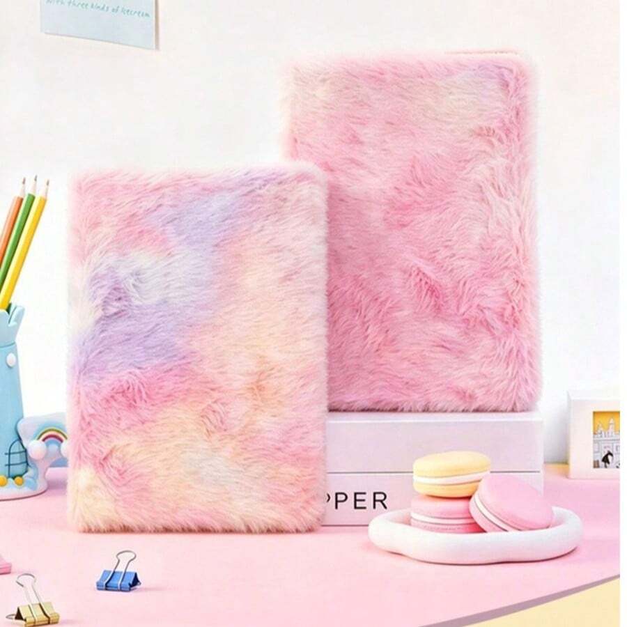 Gradient Rainbow A5 Notebook, Soft Faux Fur Cover, 160 Pages Lined Paper, Smooth Ink Flow No Bleeding, Scientific Line Spacing Design, Portable Size, Suitable For Girls' Daily Writing, Stationery Supplies, Cute Stationery - A - View 1