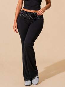 Polka Dot Print Patchwork Yoga Pants With Foldable Waistband, Ruched Slimming Design, Suitable For Outdoor Wear - Black - View 5