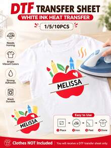 1/5/10pcs Customized Back To School DTF Heat Transfer Stickers, Cute Apple Pencil Crayon Ruler Print Iron-On Patches, Customizable Name, Durable Washable Reusable Heat Transfer Decals, DIY Decoration For Children's Clothing Bags, Kids Handmade Craft Gift - Multicolor - View 2