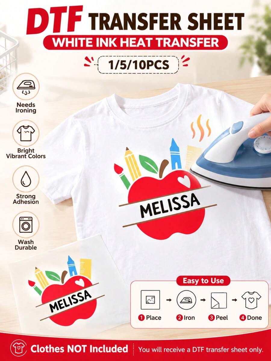 1/5/10pcs Customized Back To School DTF Heat Transfer Stickers, Cute Apple Pencil Crayon Ruler Print Iron-On Patches, Customizable Name, Durable Washable Reusable Heat Transfer Decals, DIY Decoration For Children's Clothing Bags, Kids Handmade Craft Gift