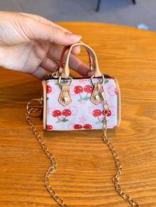 1pc Cute Cherry Pattern Mini Handbag Crossbody Bag, Portable Lipstick Holder Keychain With Detachable Metal Chain, Zipper Closure, Can Store Lipstick, Earphones And Other Small Items, Fresh Girly Style Versatile Mini Storage Bag - Pink - View 2