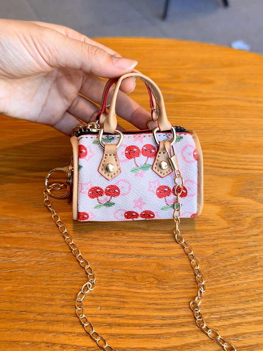 1pc Cute Cherry Pattern Mini Handbag Crossbody Bag, Portable Lipstick Holder Keychain With Detachable Metal Chain, Zipper Closure, Can Store Lipstick, Earphones And Other Small Items, Fresh Girly Style Versatile Mini Storage Bag