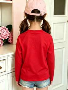 Autumn/Winter Ribbed Pure Cotton Long-Sleeved Top For Girls, Casual, Sporty And Preppy Style - Red - View 4