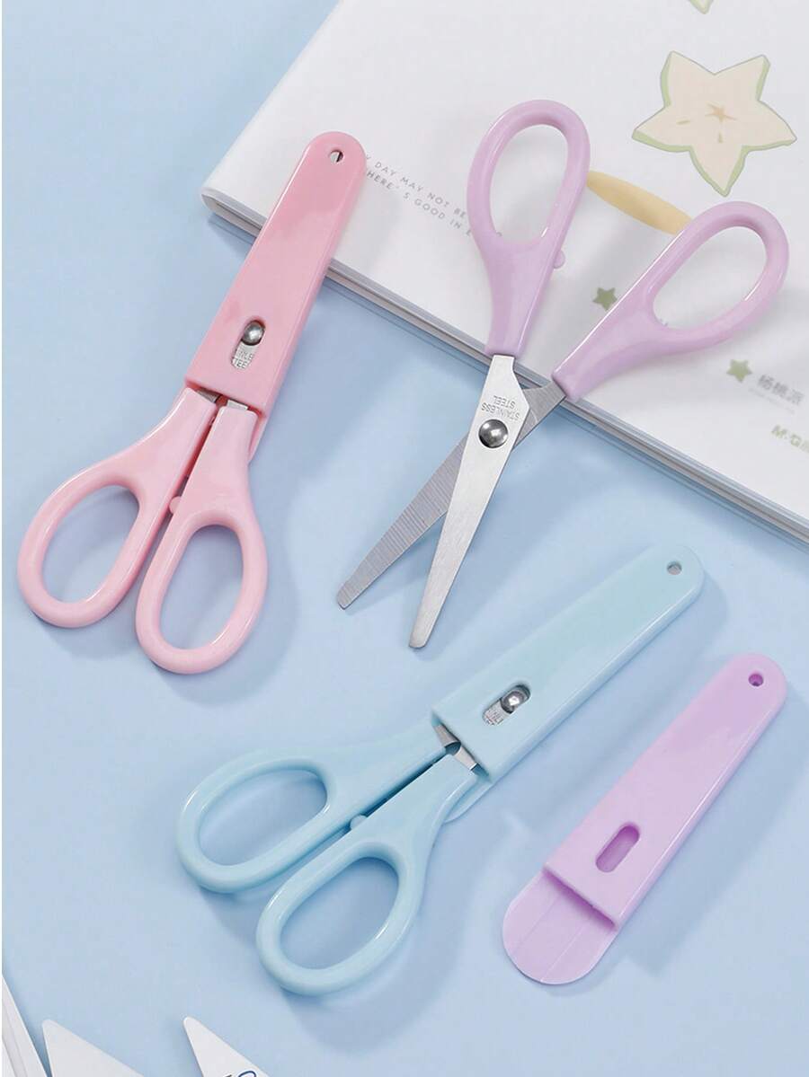 1pc Mini White Scissors, Portable Stainless Steel Blade Paper Cutter, Stainless Steel Round Tip Scissors With Protective Cover, Ergonomic Design, Suitable For Office, School, Home And Craft Projects - Multiple Styles - View 1