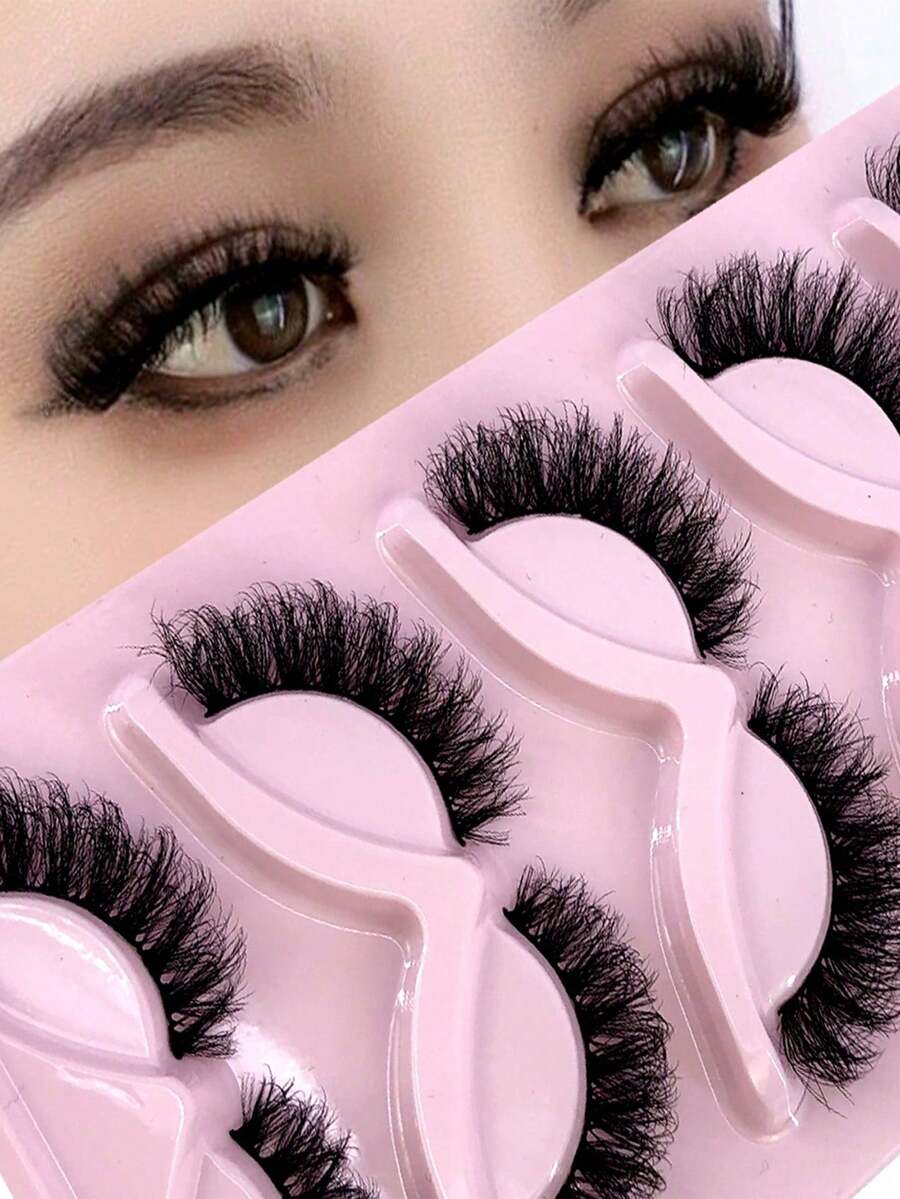 1 Pair Cross Style Voluminous Curly Faux Cat Eye 3D Mink Lashes Winged Natural Realistic Messy Outer Corner Long Thick Soft False Eyelashes - Black - View 1