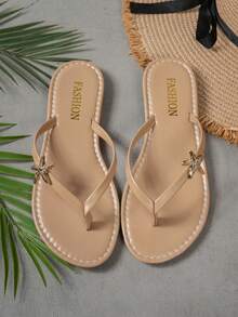 Women's Plus Size Wide Fit Flip Flop Sandals, Casual Fresh Minimalist Slip-On Flat Sandals With Starfish Metal Decor For Outdoor Beach - Apricot - View 5