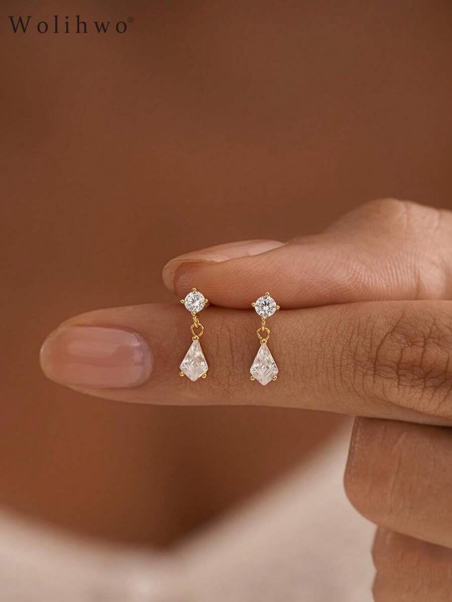 1Pair Dainty Gold‑Tone Round & Kite Cut CZ Drop Earrings, Elegant Sparkling CZ Dangle Earrings, Minimalist Jewelry For Women Daily Dating Wedding Wear - Gold - View 1