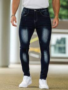 Men's New Autumn/Winter Vintage Deep Blue Gradient Slim Fit Stretch Jeans, Flattering Versatile Casual Denim Pants - Dark Wash - View 4